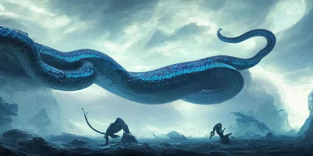 Image similar to Floating giant alien snake over a blue corean, Darek Zabrocki, Karlkka, Jayison Devadas, Phuoc Quan, trending on Artstation, 8K, ultra wide angle, pincushion lens effect.