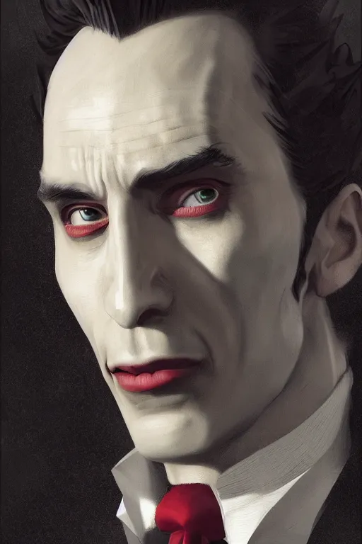 Image similar to portrait, count dracula 🧛‍♂️ , face portrait, raphael lacoste, eddie mendoza, alex ross, concept art, matte painting, highly detailed, rule of thirds, dynamic lighting, cinematic, detailed, denoised, centerd