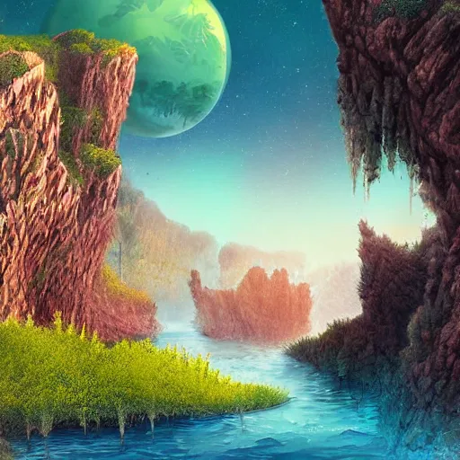 Image similar to digital art of a lush natural scene on an alien planet by dangiuz. extremely detailed render. beautiful landscape. weird vegetation. cliffs and water.