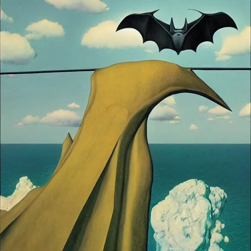 Image similar to ! dream a giant bat over ocean floor, art by rene magritte - francois schuiten - ralph mc quarrie - jean giraud