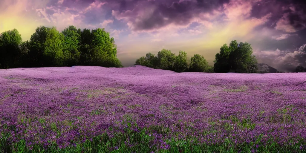 Image similar to field of green daisies, purple sky in background, matte painting