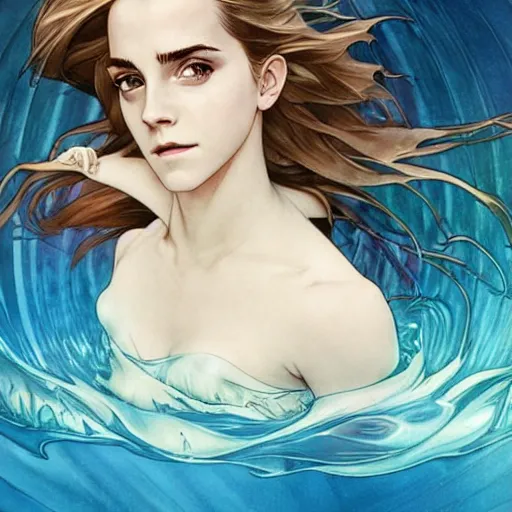 Prompt: emma watson under water, perfect coloring, low saturation, epic composition, masterpiece, bold complimentary colors. stunning masterfully illustrated by artgerm, range murata, alphonse mucha, katsuhiro otomo