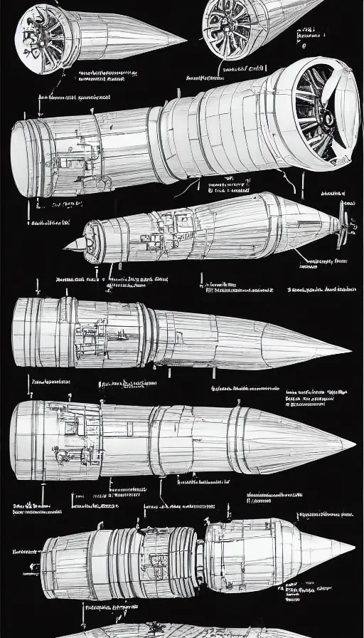 Image similar to technical drawings of 1 9 4 0's nuclear powered spaceship engine