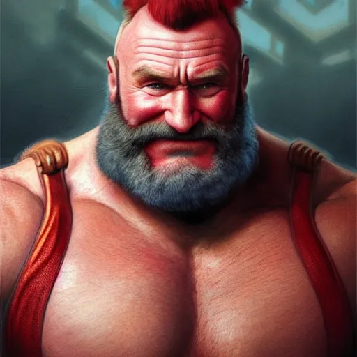 Image similar to robin williams as zangief from street fighter, flexing, ultra realistic, concept art, intricate details, eerie, highly detailed, photorealistic, octane render, 8 k, unreal engine. art by artgerm and greg rutkowski and magali villeneuve and alphonse mucha