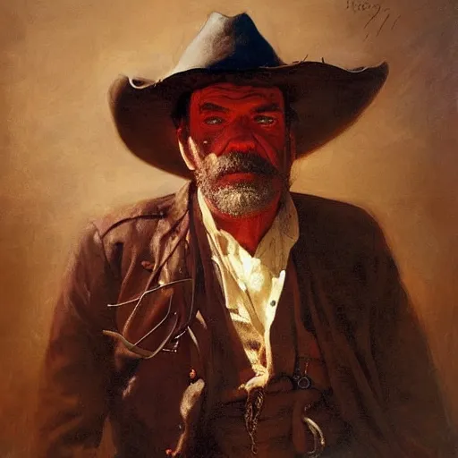 Image similar to Solomon Joseph Solomon and Richard Schmid and Jeremy Lipking victorian genre painting portrait painting of Jack Elam a rugged cowboy gunfighter old west character in fantasy costume, red background