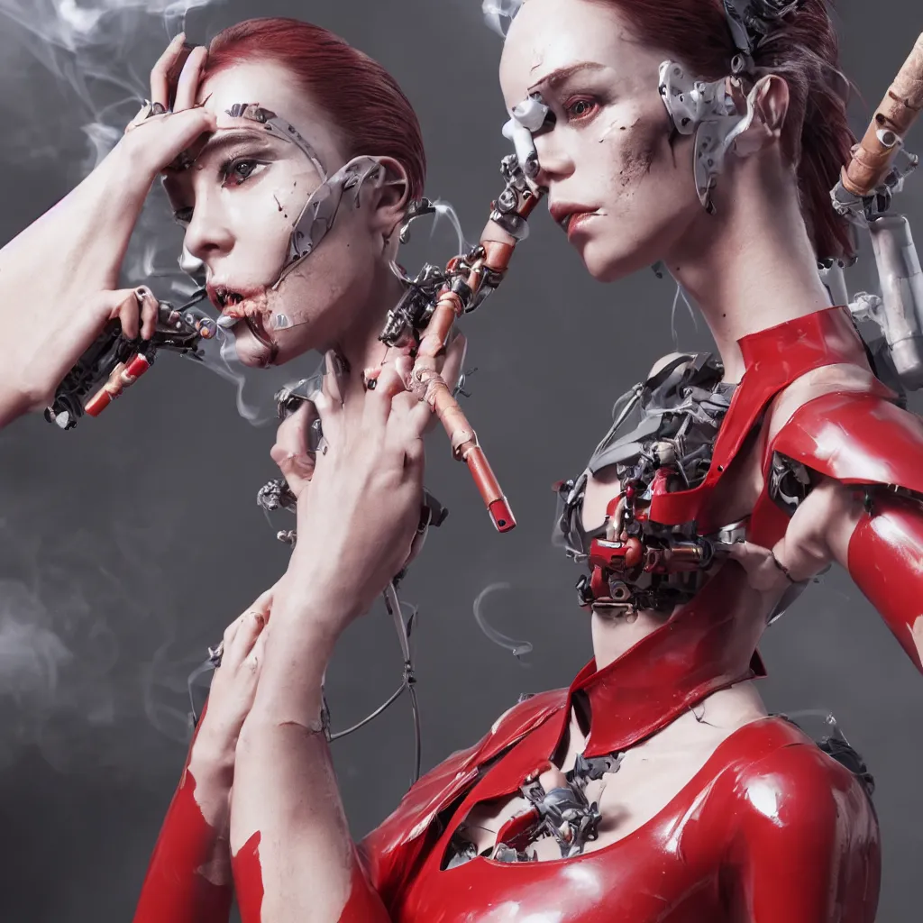 Image similar to a beautiful female cyborg is wearing a worn and ripped red latex jumpsuit, smoking a cigarette, as her mechanical body is slowly shutting down, and she is facing the end of her existence. hyper realistic, octane render, 8 k resolution, full profile, epic angle