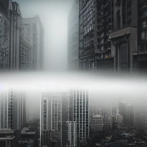 Image similar to a foggy city with tall buildings and a monster obscured by the fog moving between the buildings, found footage style, 8k, hyper realistic