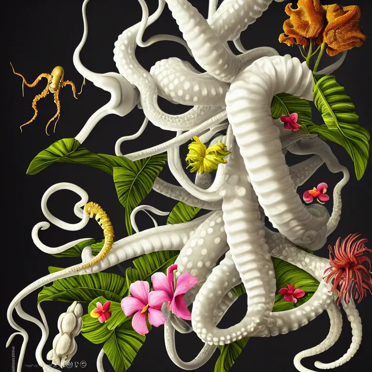 Image similar to still life of tropical flowers, white alien squid, white octopus, tropical flowers, surreal alien ribbed tropical fruit, white human spine, baroque painting, beautiful detailed intricate insanely detailed octane render trending on Artstation, 8K artistic photography, photorealistic, chiaroscuro, Raphael, Caravaggio