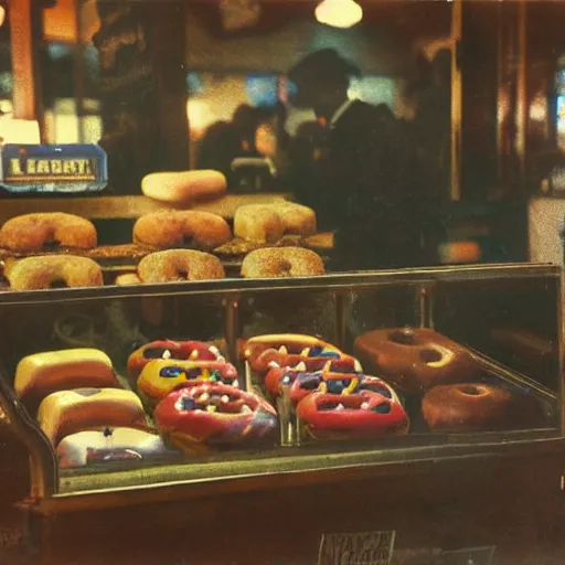 Prompt: Donuts on display at a USA western saloon in the 1800s, robot barkeep, muted cyberpunk style, tranquil, busy but lonely, atmospheric, hazy, sweltering, autochrome, 8k, reflections, style of Leonid Afremov