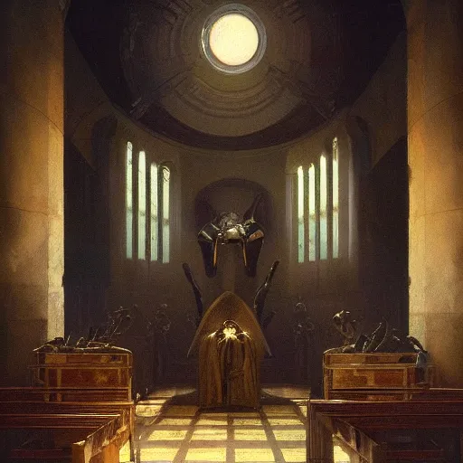 Image similar to a portrait of a xenomorph radiating holy light in the church,in the style of greg rutkowski,epic lighting,Postmodernism style,Masterpieces,oil on canvas