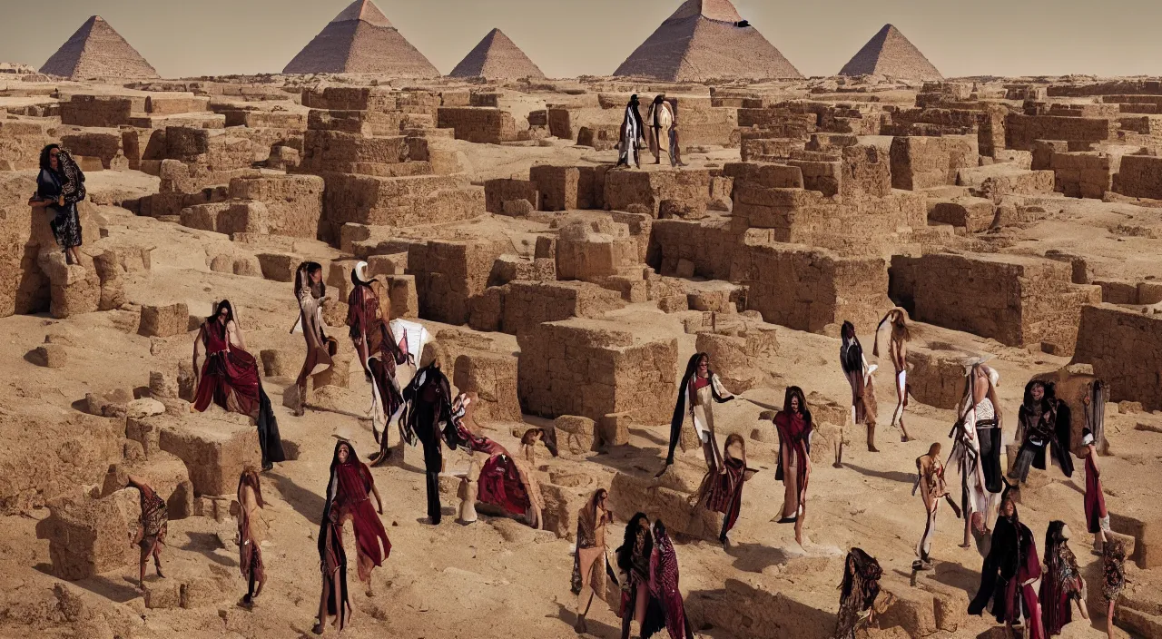 Image similar to fashion editorial portrait by jimmy nelson. on top of the pyramids. in egypt