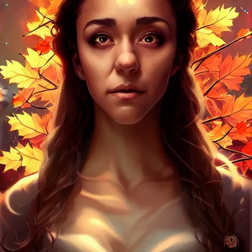 Prompt: beautiful stella maeve magician, in the style of artgerm, rafeal albuquerque, thomas kinkade, realistic character concept, creepy pose, spooky, symmetrical face and body, volumetric lighting, detailed realistic symmetrical eyes, 8 k, insanely detailed and intricate elegant, autumn leaves