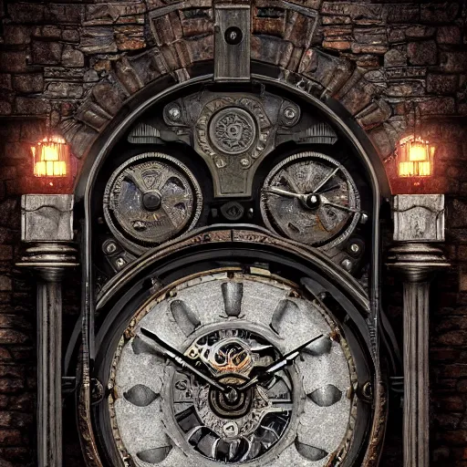 Prompt: cyberpunk antique mechanical clock placed in a massive castle room with stone walls in the style of a movie by tim burton,, high details, cinematic, 8 k resolution, beautiful detailed, insanely intricate details, artstation trending, octane render, unreal engine