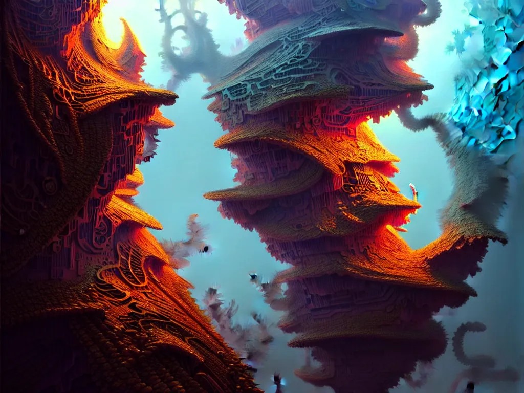 Image similar to A beautiful very hyper realistic detailed matte painting of intricately detailed hand carved 3D mandelbulb cybernetic motherboard made of brilliantly colored volumetric smoke, Henriette Grindatand Sparth and Jeff Simpson and beeple, Artstation, Pinterest, Wallpaper 4K