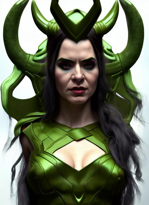 Image similar to Billie as Female Loki, Goddess of Mischief, sci fi, elegant, olive skin color, hyper realistic, hyper detail, very detailed, digital art, trending on artstation, smooth render, 8k blender render,