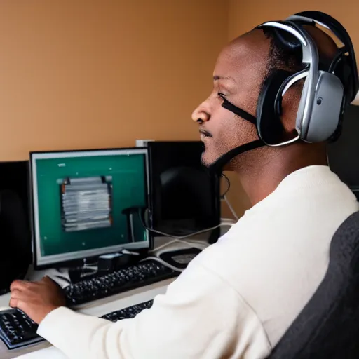 Prompt: a bald black man playing on pc with headphones