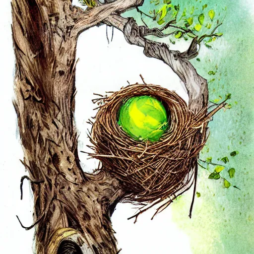 Image similar to bird nest in a tree, concept art, illustrated, highly detailed, high quality, bright colors, optimistic,