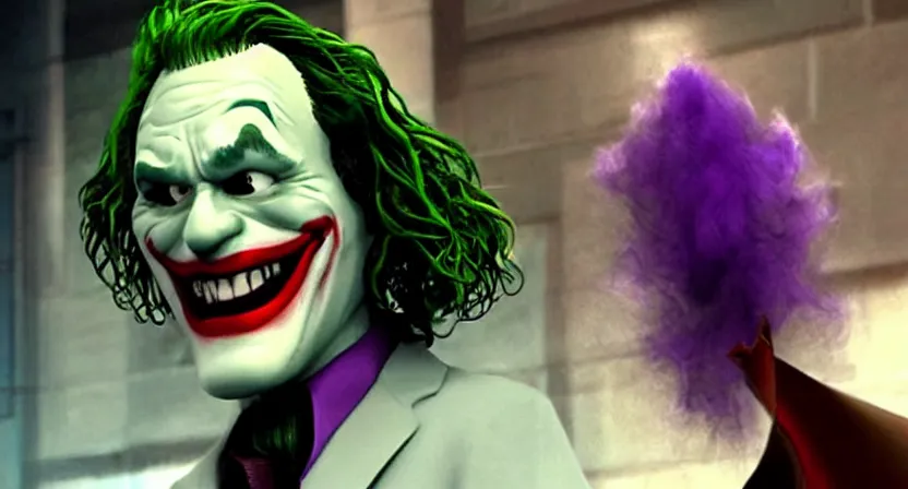Prompt: pixar heath ledger joker villain 3 d movie screenshot