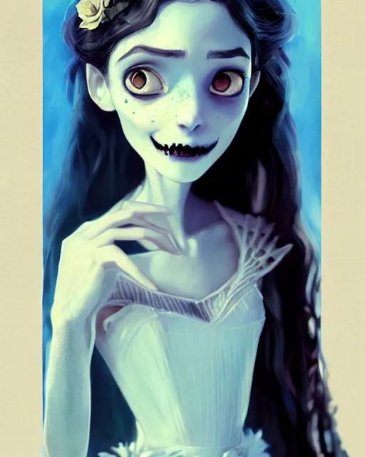 Prompt: still film of olivia rodrigo in the corpse bride if made by krenz cushart and wenjun lin, portrait, illustration, rim light, top light, summer clear blue sky, perfectly shaded, soft painting, epic, intricate, art