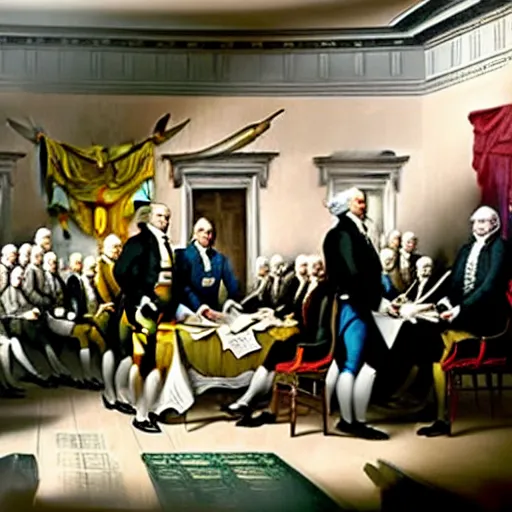 Prompt: the signing of the Declaration of Independence and everyone is wearing a zentai suit