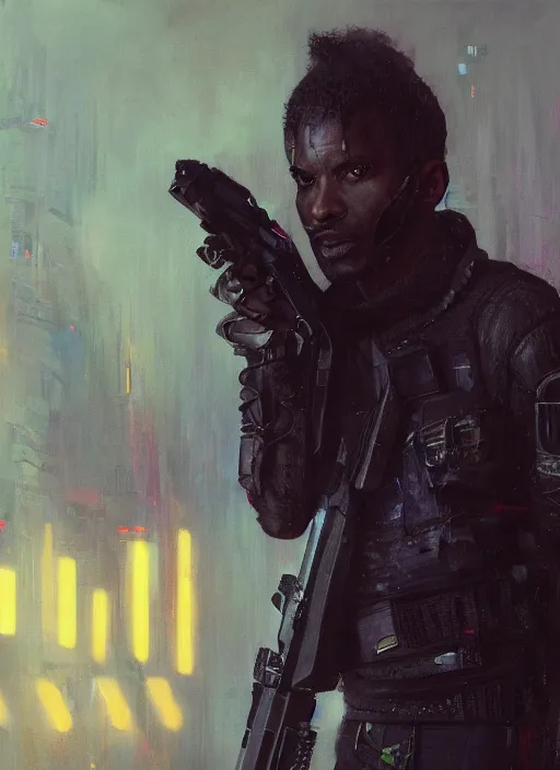 Prompt: chide igwe. cyberpunk assassin in tactical gear. blade runner 2 0 4 9 concept painting. epic painting by craig mullins and alphonso mucha. artstationhq. painting with vivid color. ( rb 6 s, cyberpunk 2 0 7 7, matrix )