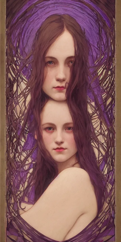 Prompt: purple, character portrait of purple, by waterhouse, by mucha, lean face, symmetrical face, face symmetry, cinematic lighting, beautiful, elegant, oil painting, cinematic, portrait, raphaelite, trending on artstation, intricate background