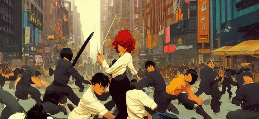 Image similar to riots in the streets of new york, digital painting masterpiece, by ilya kuvshinov, by frank frazetta, by mœbius, by reiq, by hayao miyazaki, intricate detail, beautiful brush strokes, advanced lighting technology, 4 k wallpaper, interesting character design, stylized yet realistic anatomy and faces, inspired by kill bill animated scene