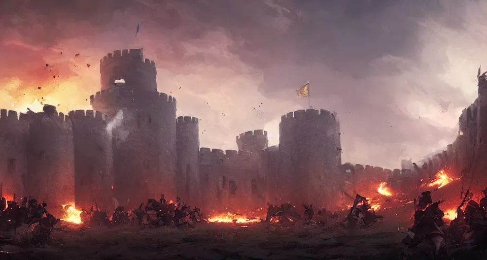 Image similar to siege of a castle, fire, first light, soldiers, low angle, by greg rutkowski, artstation