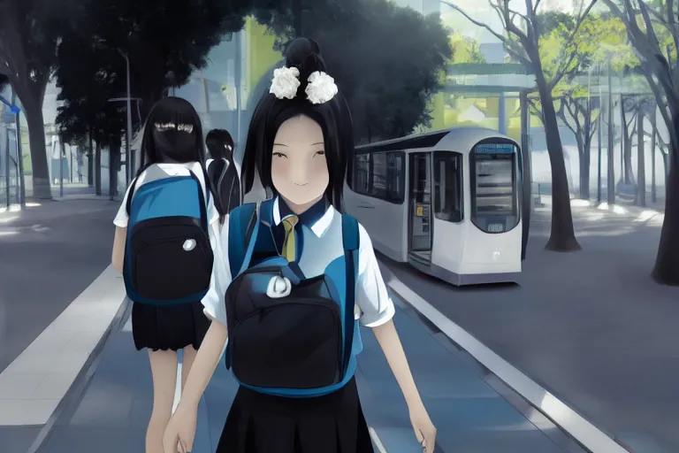 Prompt: japanese style, a 1 5 - year - old girl with long black hair, wearing a black uniform and sky blue short skirt, blue pupils, blue tie, carrying a black backpack, at the tram station, thin face, high light eyes, face, surrealism, movie level realism, virtual engine 5, fine texture, real light and dark composition, mixer rendering