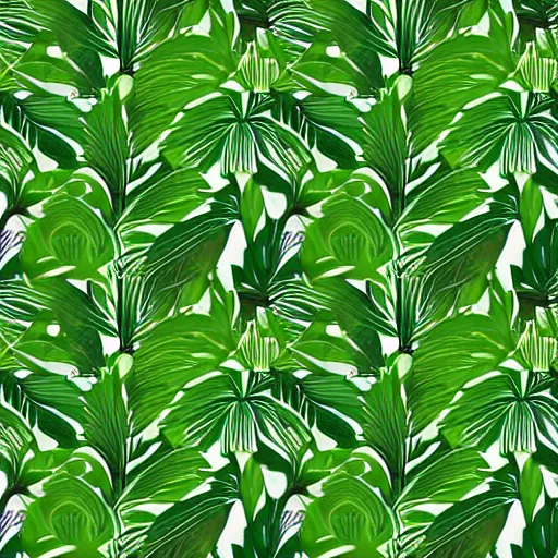 Image similar to repeating pattern, seamless. tropical palm leaves, green, flat color, hyperrealistic, minimalistic