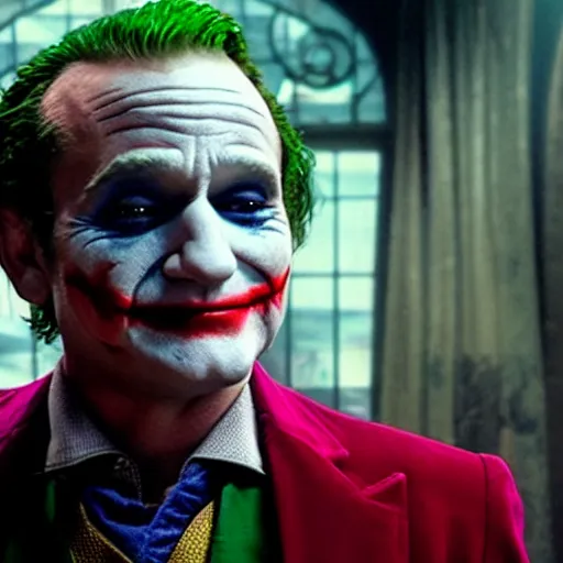 Image similar to stunning awe inspiring ( robin williams ) as the joker 8 k hdr movie still atmospheric lighting