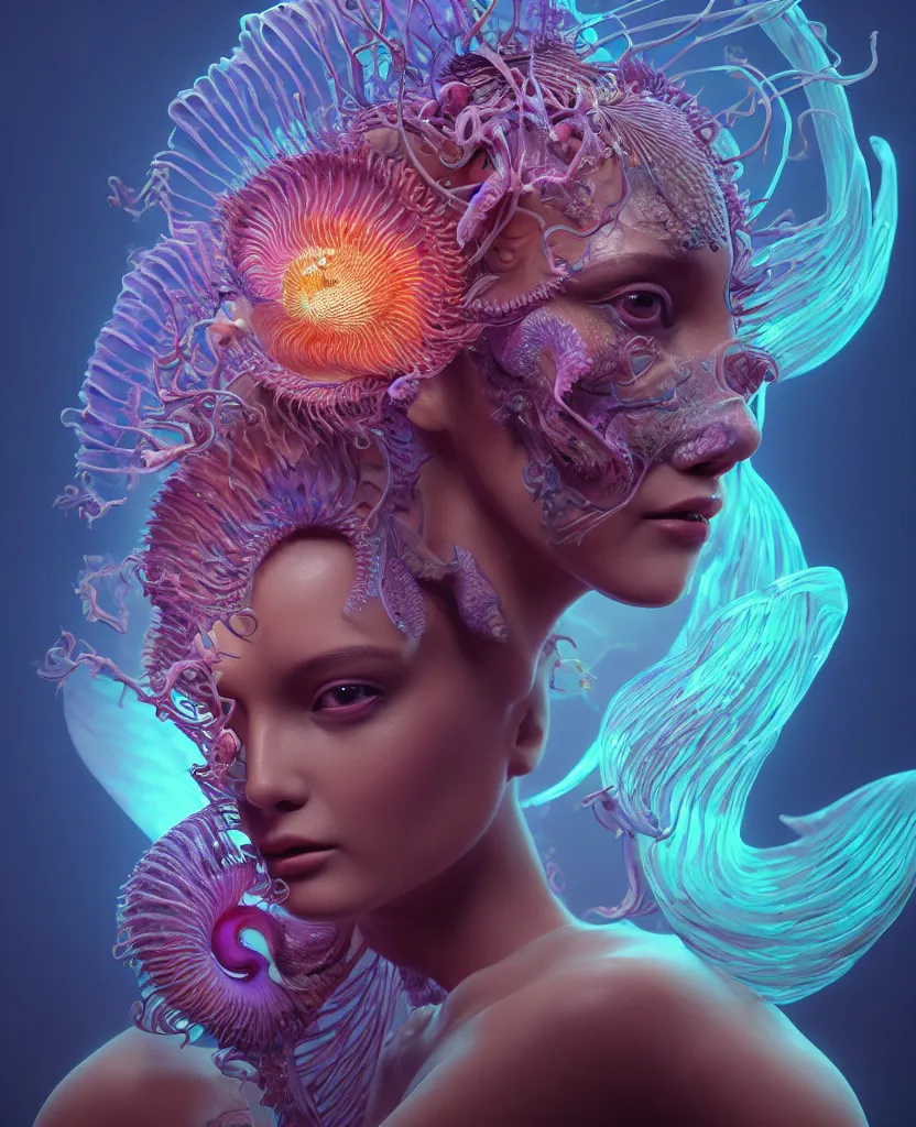 Image similar to goddess close-up portrait. chimera orchid jellyfish phoenix head, nautilus, skull, betta fish, bioluminiscent creatures, intricate artwork by Tooth Wu and wlop and beeple. octane render, trending on artstation, greg rutkowski very coherent symmetrical artwork. cinematic, hyper realism, high detail, octane render, 8k