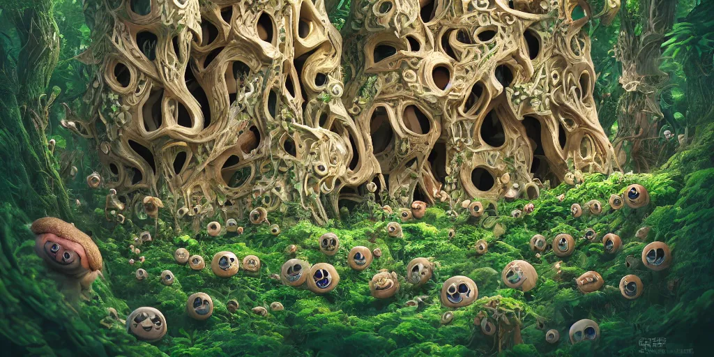 Image similar to of an intricate forest with strange cute friendly happy creatures with huge eyes, mouth, long tongue, round teeth and goofy face, appearing from the background, in the style of gehry and gaudi, macro lens, shallow depth of field, ultra detailed, digital painting, trending artstation, concept art, illustration, cinematic lighting, photorealism, epic, octane render