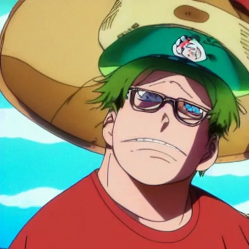 Prompt: A still of Jonah Hill with blonde hair wearing a tie dye t-shirt and a hat in One Piece Anime Series