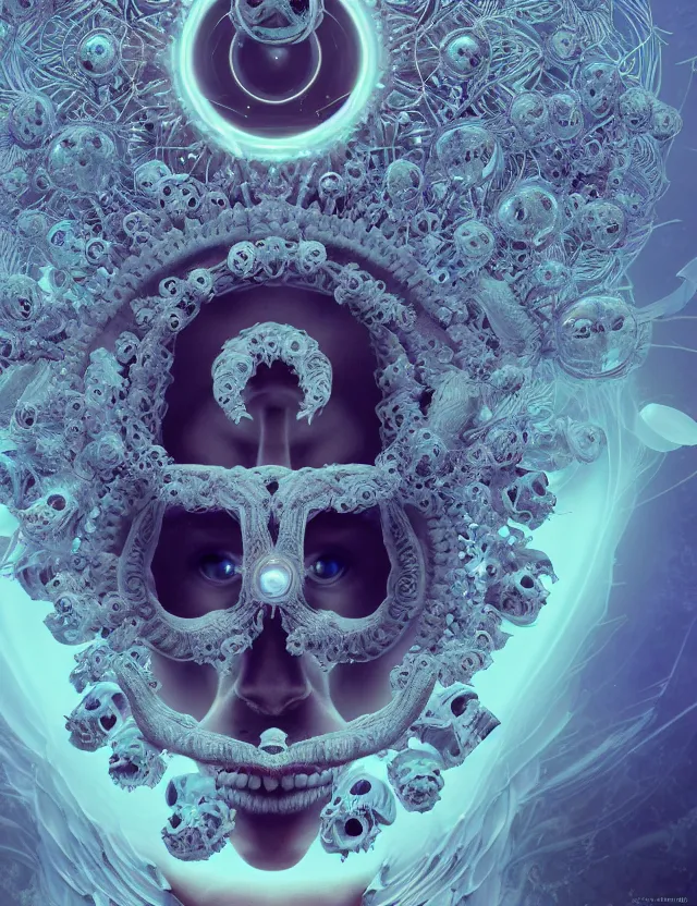 Image similar to symmetrical, centered, goddess close-up portrait wigh crown made of skulls. betta fish, phoenix, bioluminiscent creature, intricate artwork by Tooth Wu and wlop and beeple. octane render, trending on artstation, greg rutkowski very coherent symmetrical artwork. cinematic, hyper realism, high detail, octane render, 8k