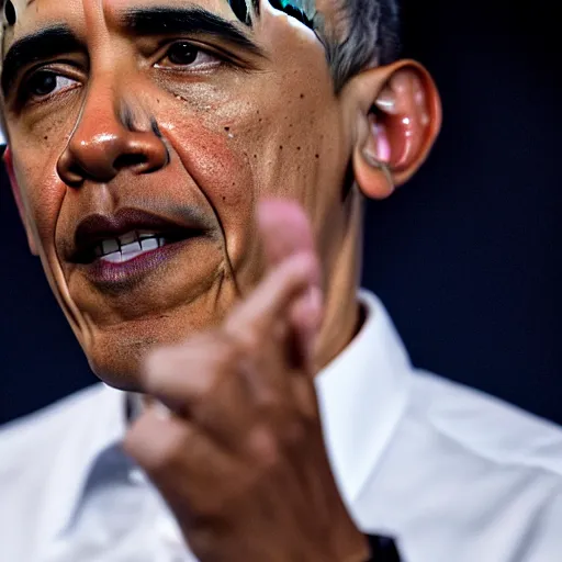 Image similar to Obama with eyes glow strongly white, white flames are burning white which are behind Obama, 40nm lens, shallow depth of field, 4k,