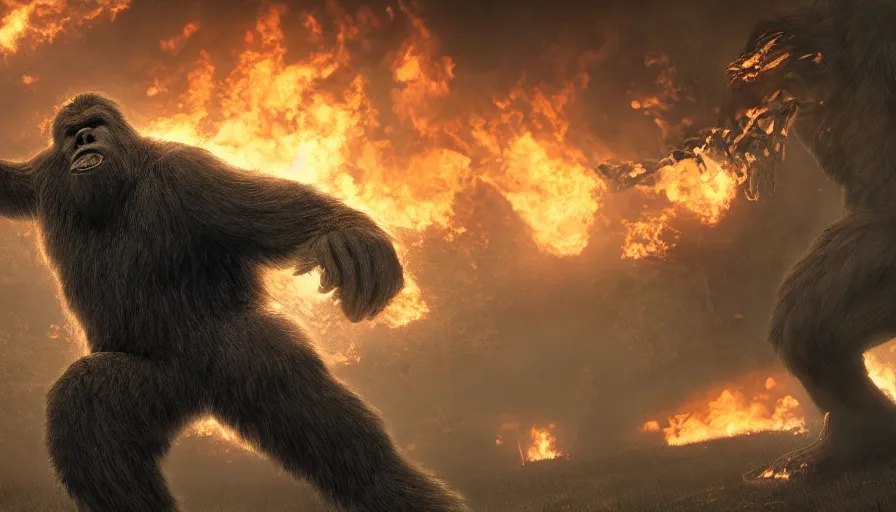 Prompt: giant bigfoot destroying washington dc, fire, hyperdetailed, artstation, cgsociety, 8 k