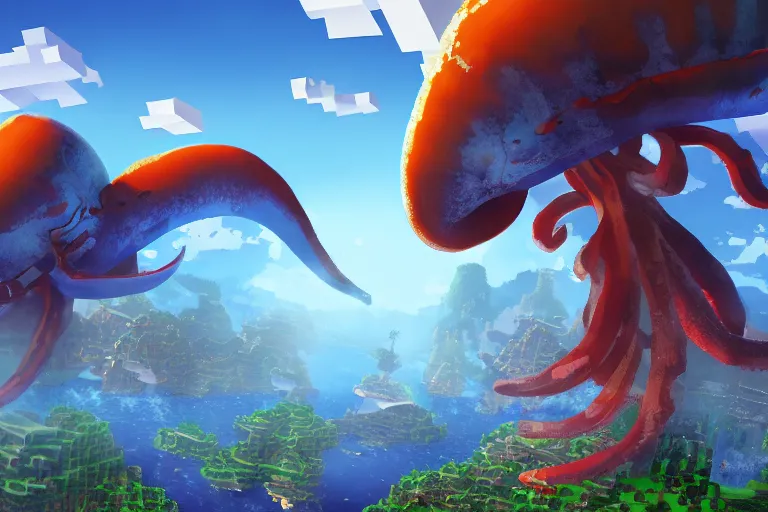 Image similar to giant squids battling in the sky, minecraft, digital art, artstation, highly detailed, 4 k