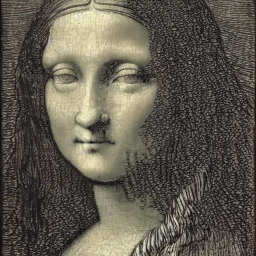 Image similar to monalisa in the style of Gustave Doré!!!!!!!!!!, Etching, oil on canvas, by Gustave Doré!!!!!!!!!!