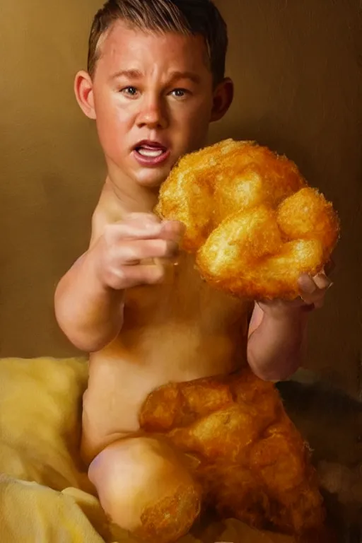 Image similar to channing tatum wearing a tater tot costume, oil on canvas, intricate, 8 k highly professionally detailed, hdr, cgsociety