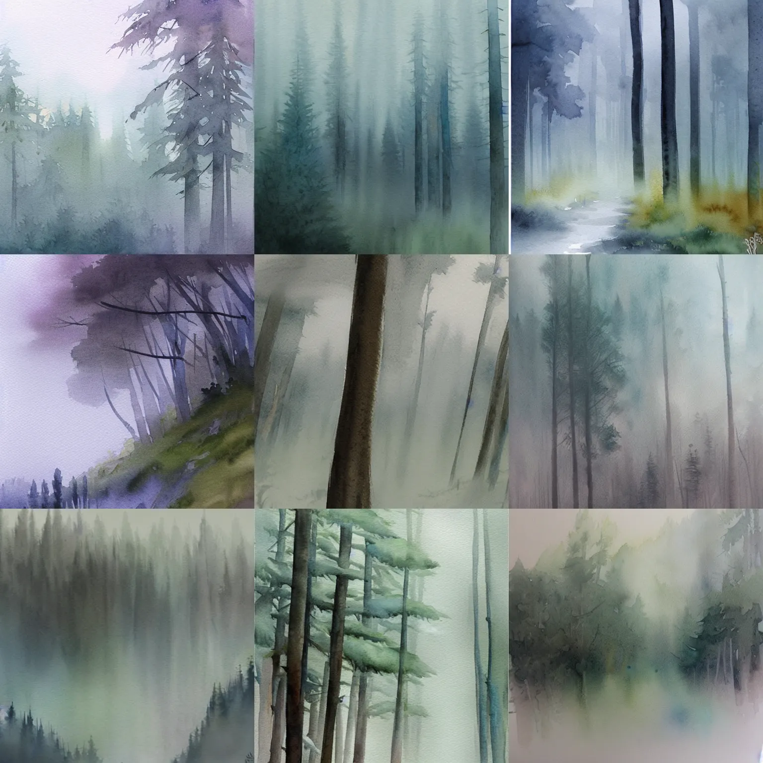 Prompt: award - winning watercolor painting misty landscape forest trending on artstation