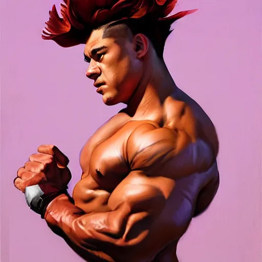 Image similar to greg manchess portrait of hibiscus - man as roided thick muscular weightlifter zarya from overwatch fantasy medium shot, asymmetrical, profile picture, organic painting, sunny day, matte painting, bold shapes, hard edges, street art, trending on artstation, by huang guangjian and gil elvgren and sachin teng