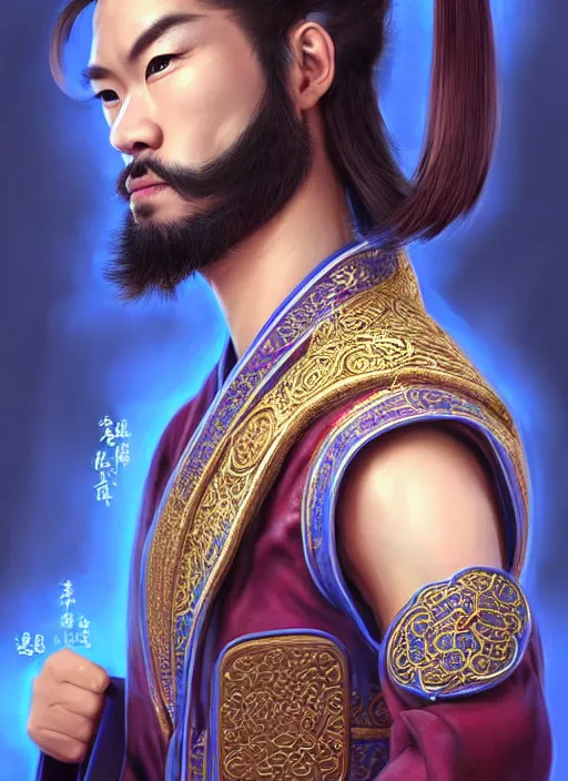 Image similar to male martial artist with a mongolian pigtail hairstyle!!!! asian facial features and blue eyes!! intricate ornate blue robes!! character concept art, sharp focus, octane render! unreal engine 5! highly rendered!! trending on artstation!! detailed linework!! illustration by artgerm, wlop, and chie yoshii