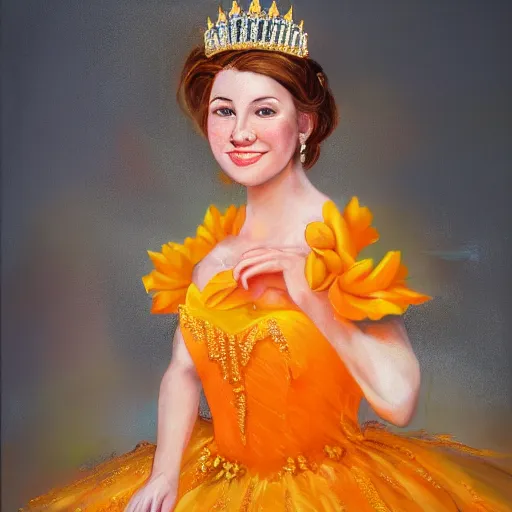 Image similar to An ultra realistic portrait painting of Princess Daisy wearing his orange dress and golden tiara, 4k, Ultrarealistic, Highly Detailed, Dark Fantasy, Epic Lighting