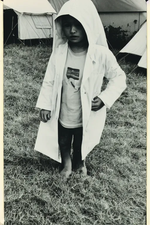 Image similar to photo polaroid of a sad and lonely child in a white coat and barefoot stands in the middle many big tents of field hospitals, pandemic, covid, loneliness, black and white ,photorealistic, 35mm film,