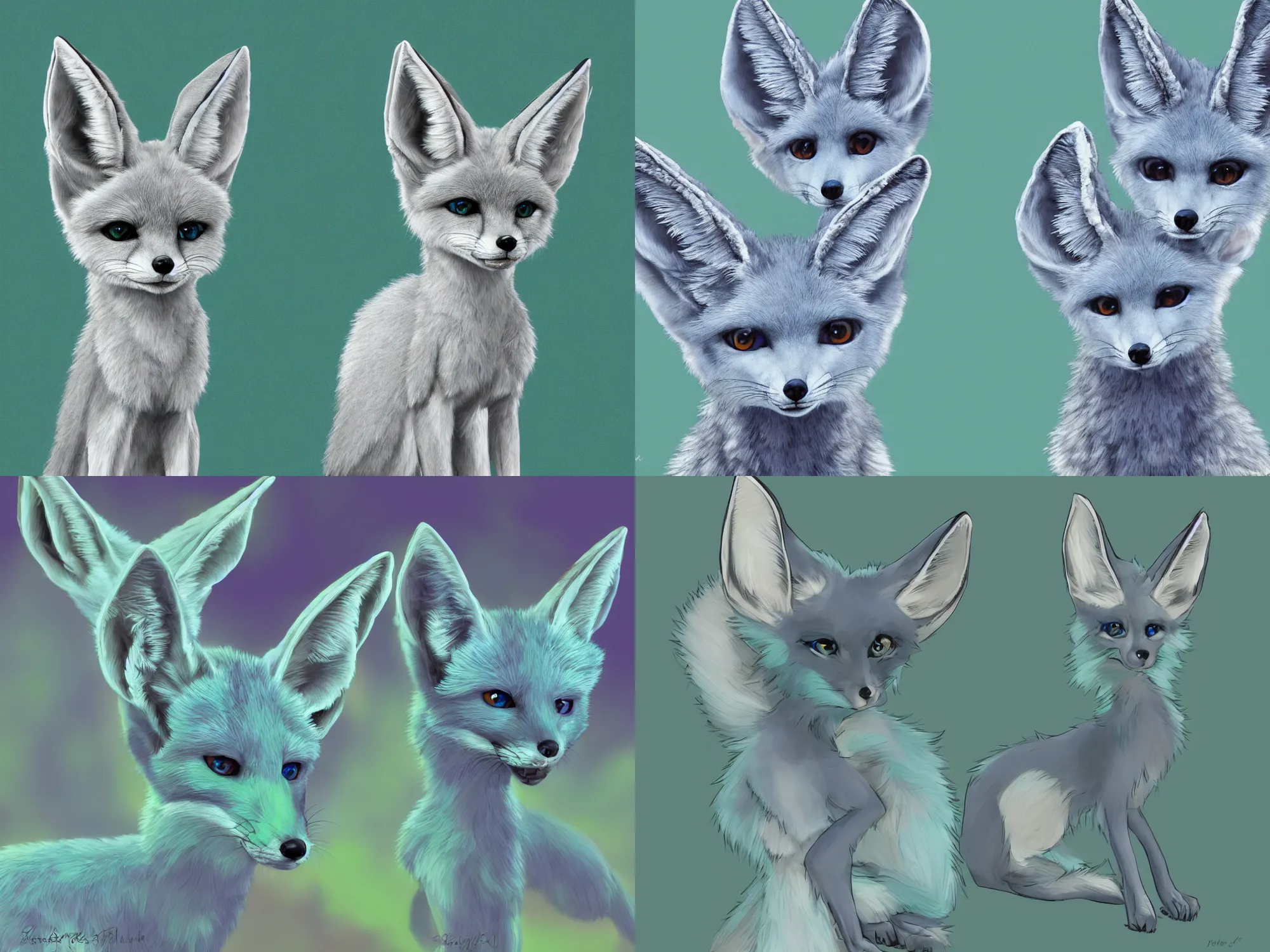 Prompt: Digital furry art of a blue fennec fox with green eyes