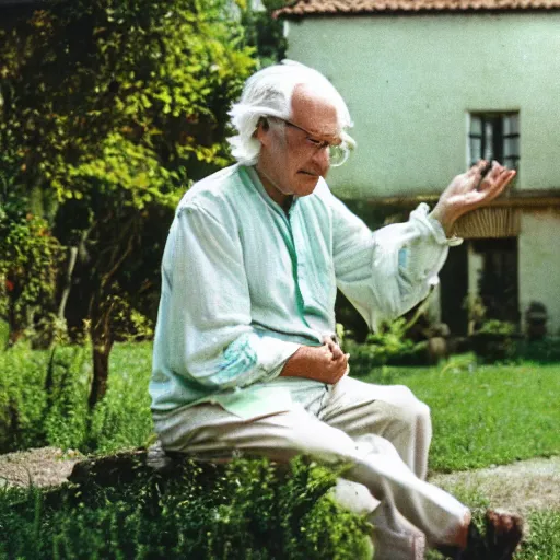 Image similar to long white hair old man with green shirt and white short, sitting in ile de re house garden, film still of plein soleil ( 1 9 6 0 )