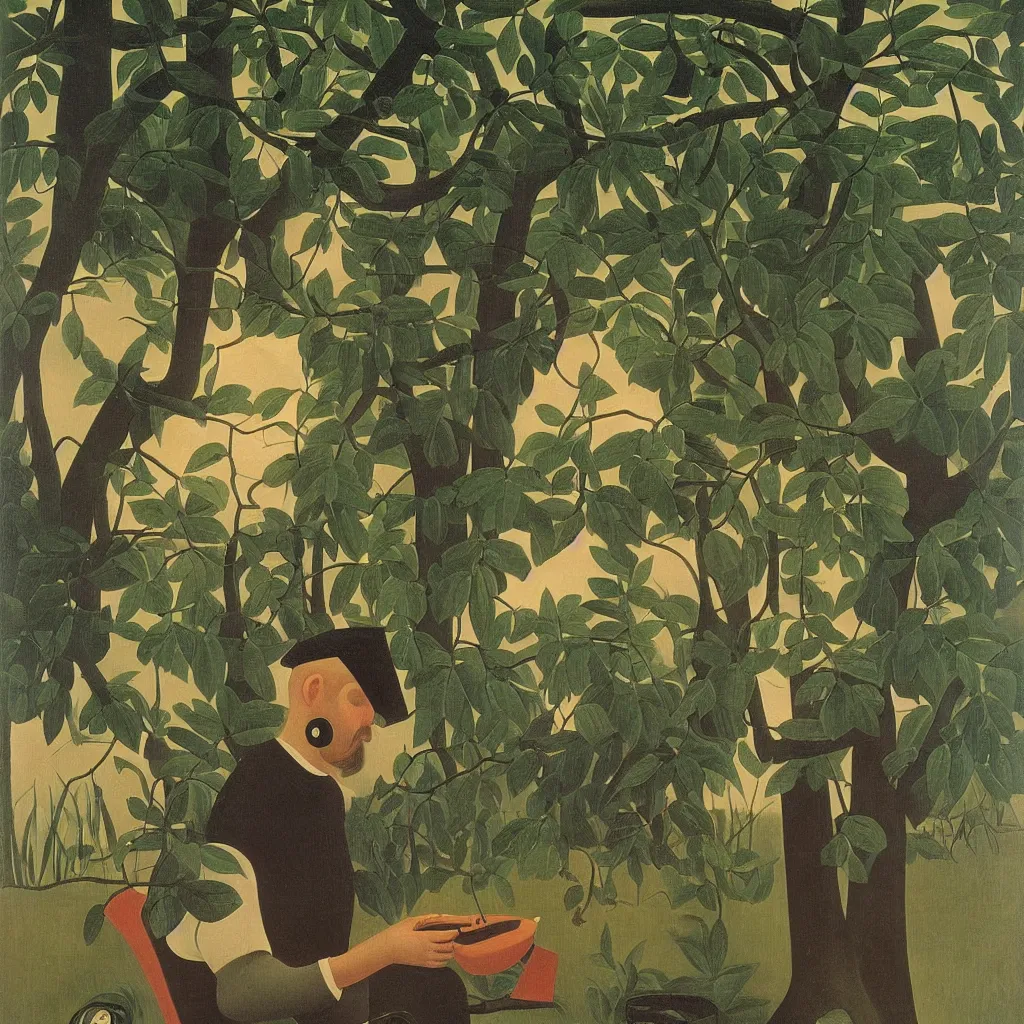 Image similar to i, a man wearing headphone and playing his iphone, by henri rousseau