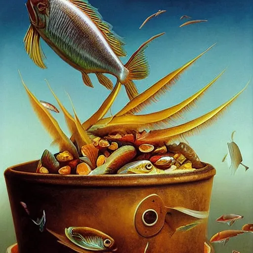 Image similar to a worried fish on the top of a pile of fish, all the fish are inside a cooking pot, side view, by vladimir kush, dystopian art, rococo