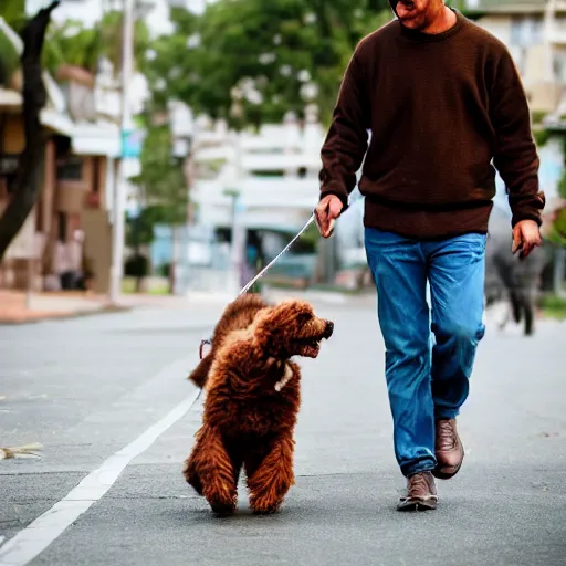 Prompt: a big brown dog taking a man for a walk on the street